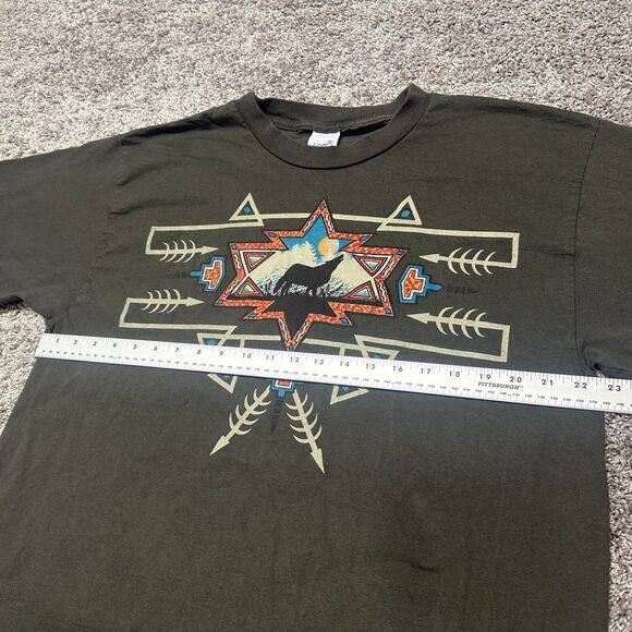 Vintage Men XL Alore Wolf print t shirt Olive Single stitch Aztec SS Southwest - Picture 6 of 8